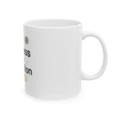 White mug with text and a small graphic on a white background