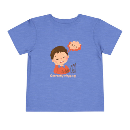 Toddler short sleeve t-shirt with sleeping child illustration and “Future CEO, Currently Napping” text
