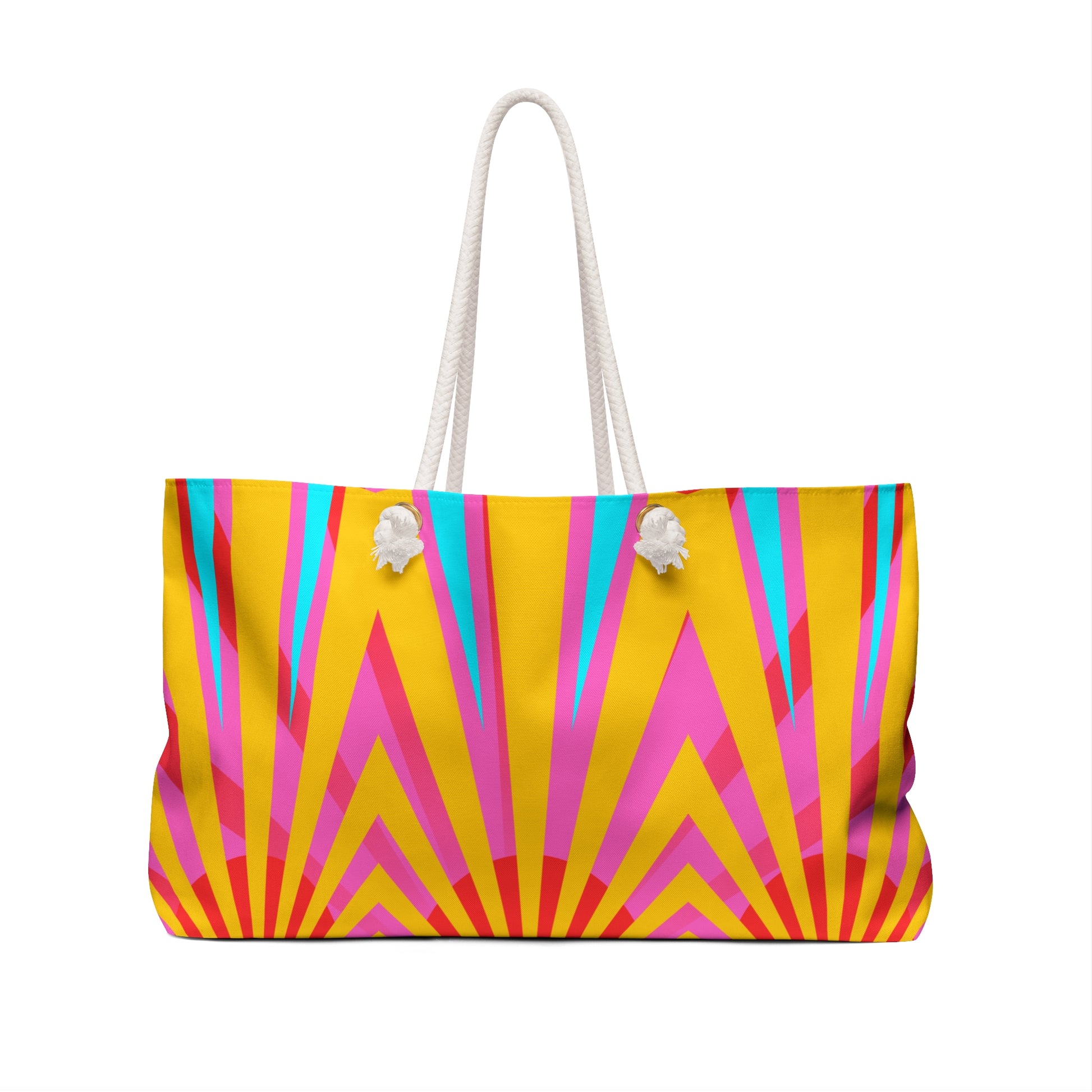 Colorful beach bag with geometric pattern on a white background

Details