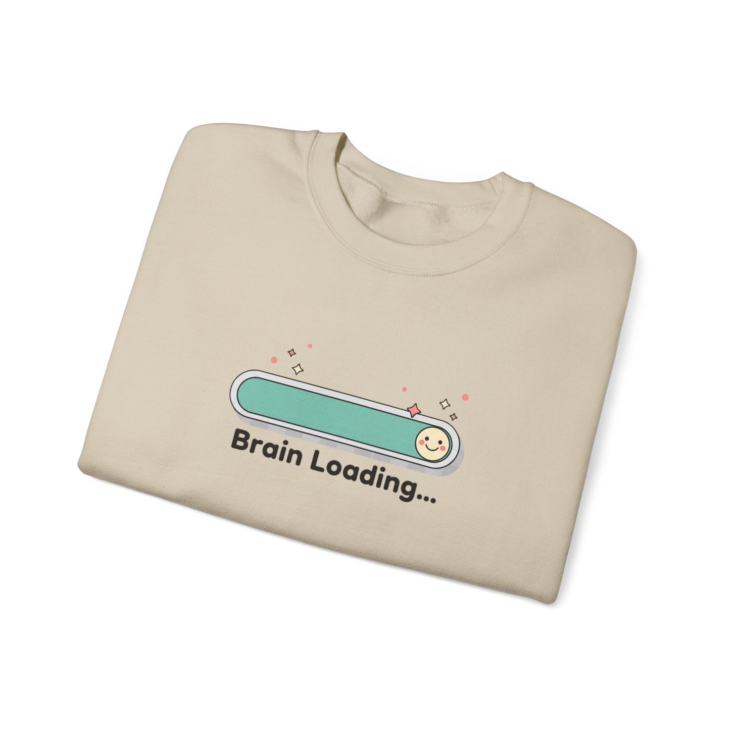Beige t-shirt with 'Brain Loading...' graphic on a white background