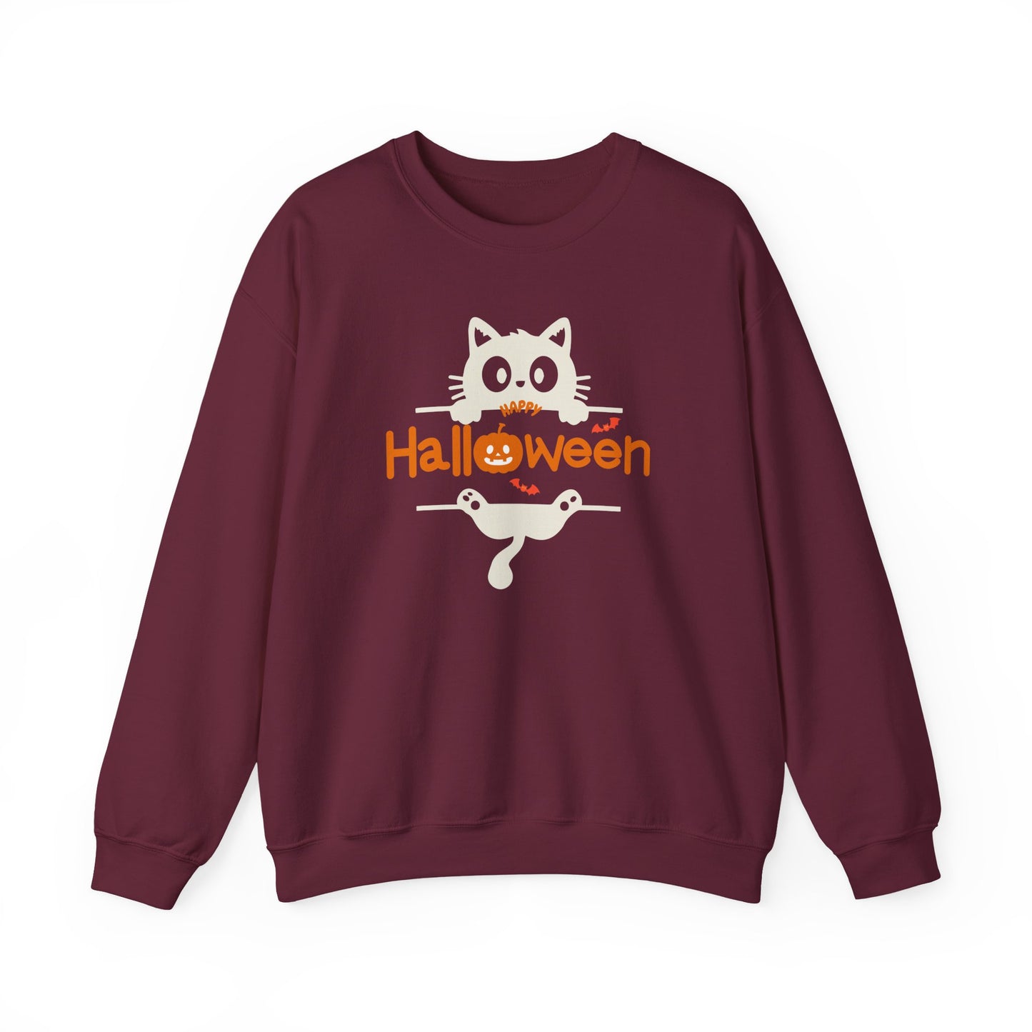 A maroon crewneck sweatshirt featuring a cute Halloween graphic of a white cat peeking over a broom with the word 'Halloween' in orange and a small pumpkin.