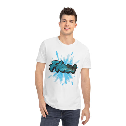 Man wearing a white t-shirt with 'Flow' graphic design on a white background