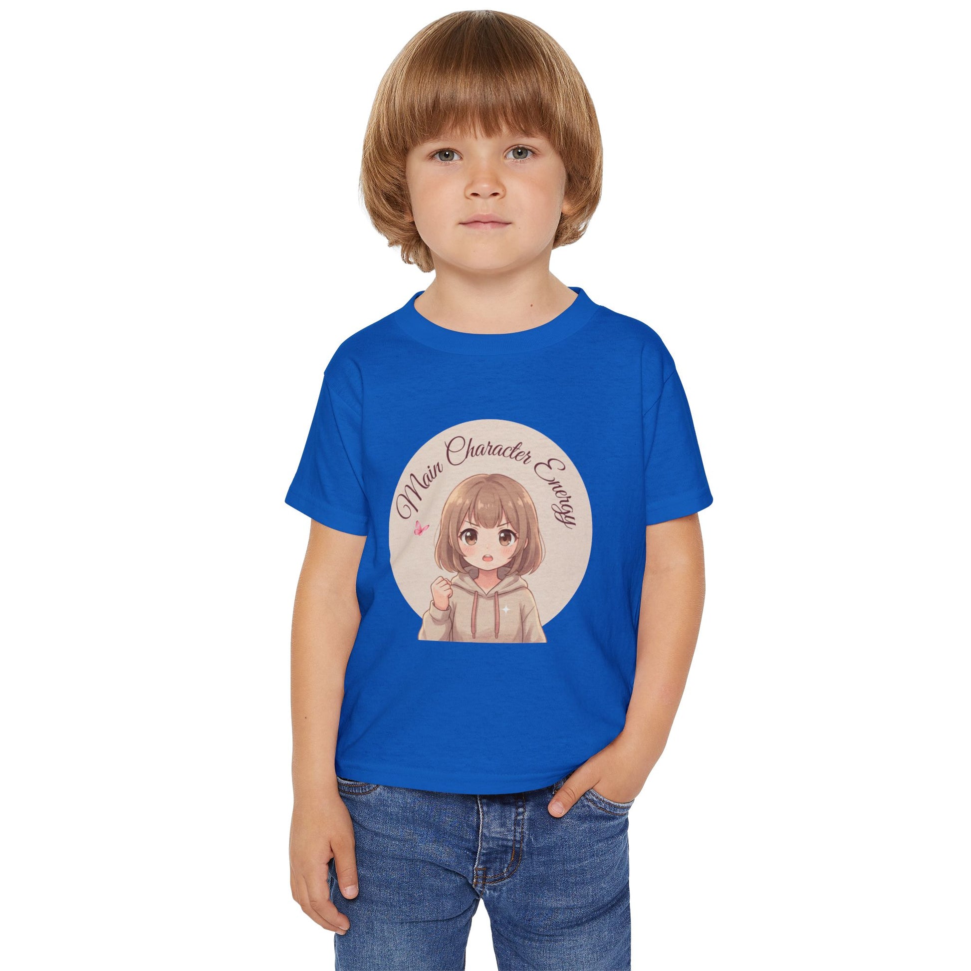 "Cute anime girl graphic baby t-shirt with text Main Character Energy, front view."