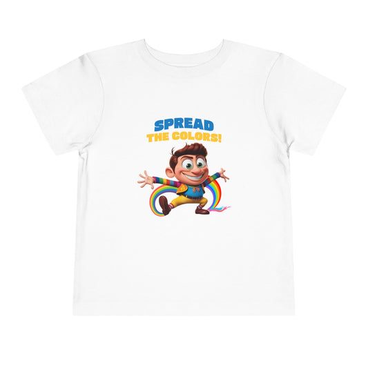 Cartoon boy jumping with rainbow trail and "Spread the Colors!" text on white T-shirt.

