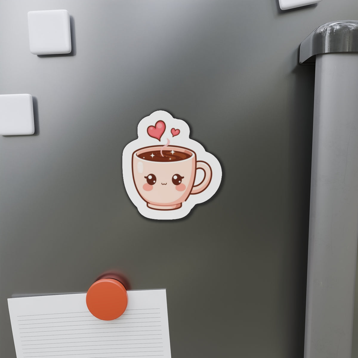 Cartoon cup with heart stickers on a refrigerator
