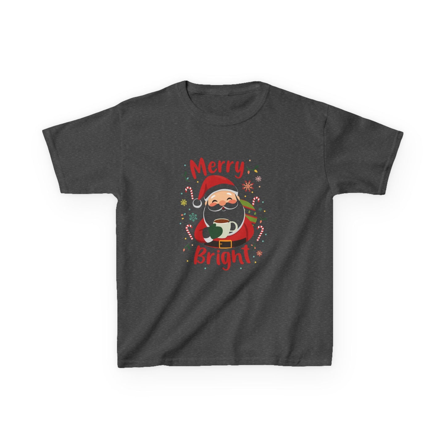 Dark gray t-shirt with Santa Claus graphic and 'Merry Bright' text on a white background