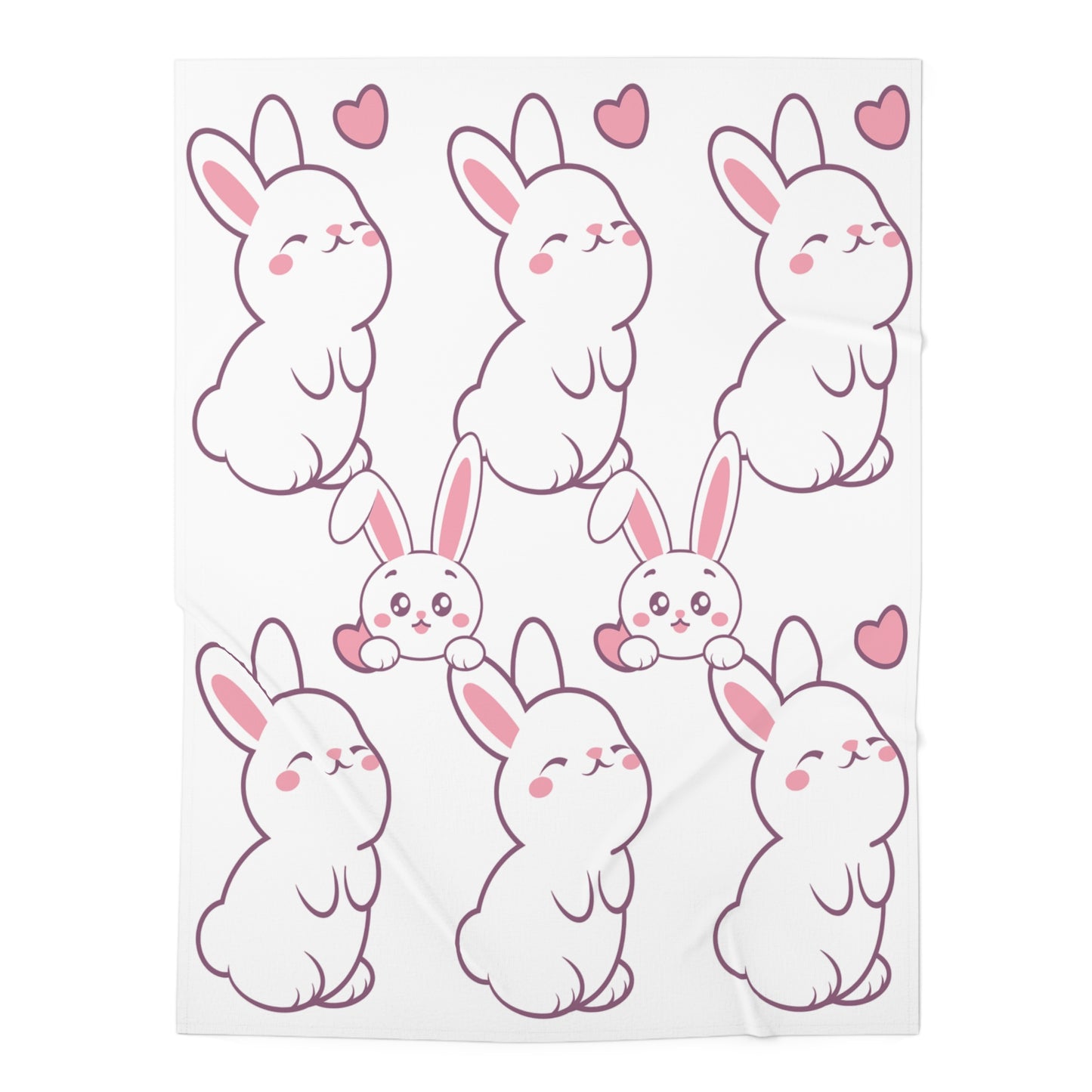 A white baby swaddle blanket with a sublimation print of cute rabbits in various poses, with hearts in the background.