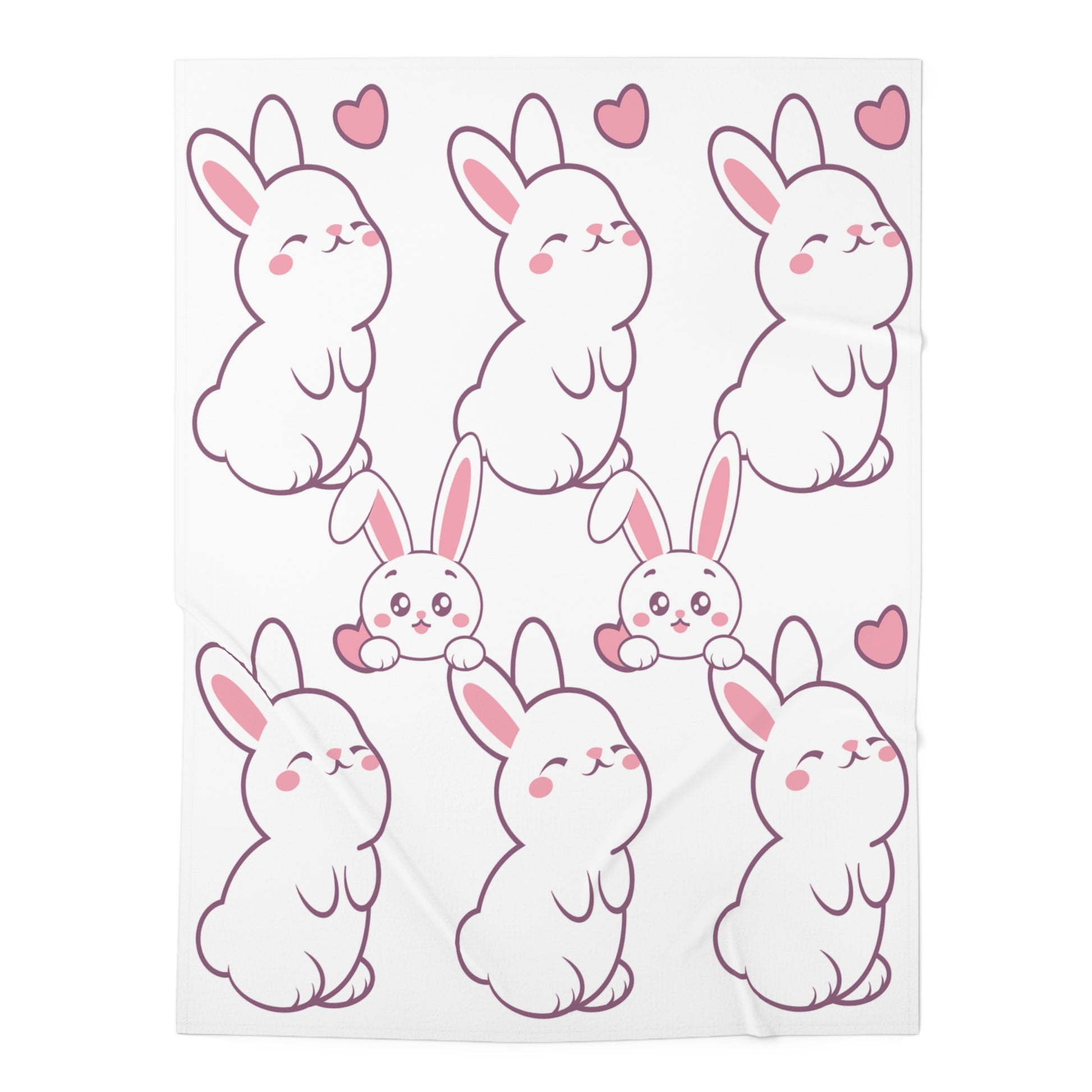 A white baby swaddle blanket with a sublimation print of cute rabbits in various poses, with hearts in the background.