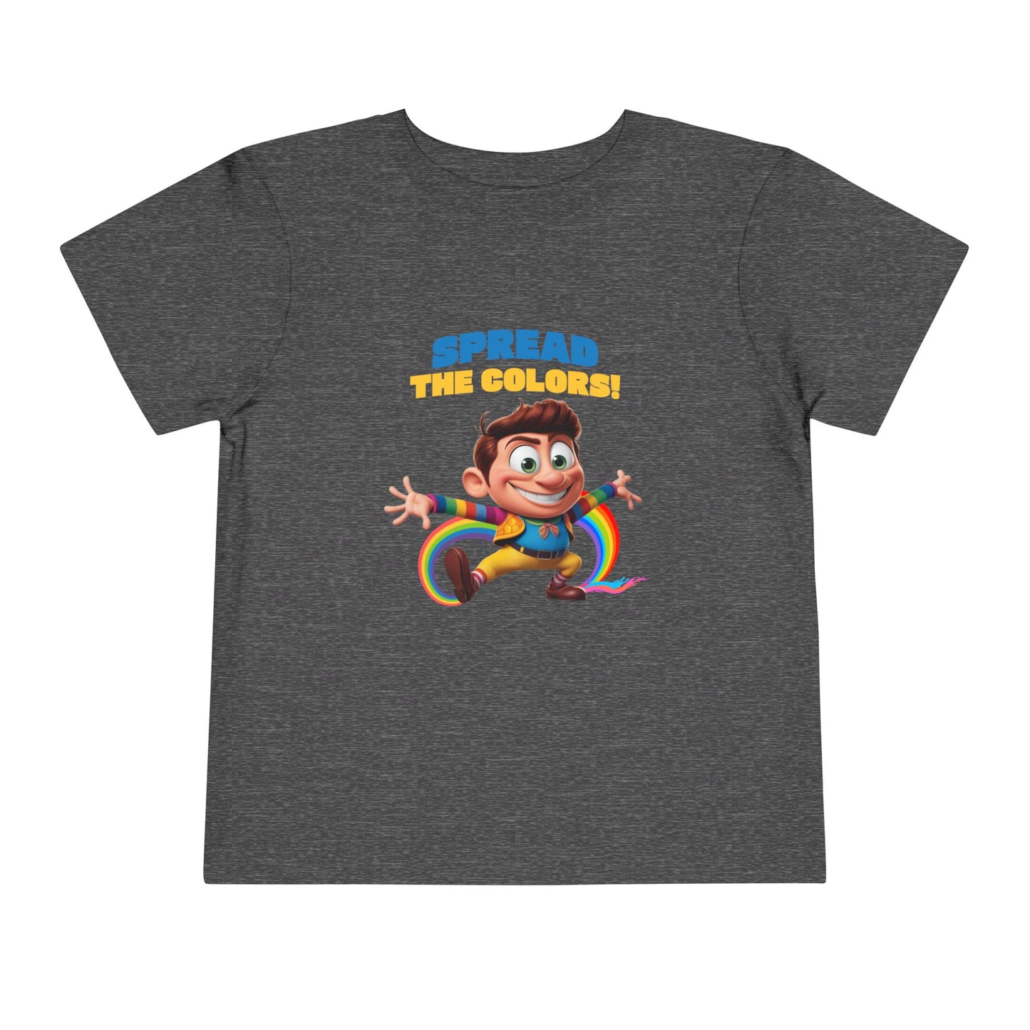 Cartoon boy jumping with rainbow trail and "Spread the Colors!" text on asphalt T-shirt.

