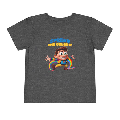Cartoon boy jumping with rainbow trail and "Spread the Colors!" text on asphalt T-shirt.

