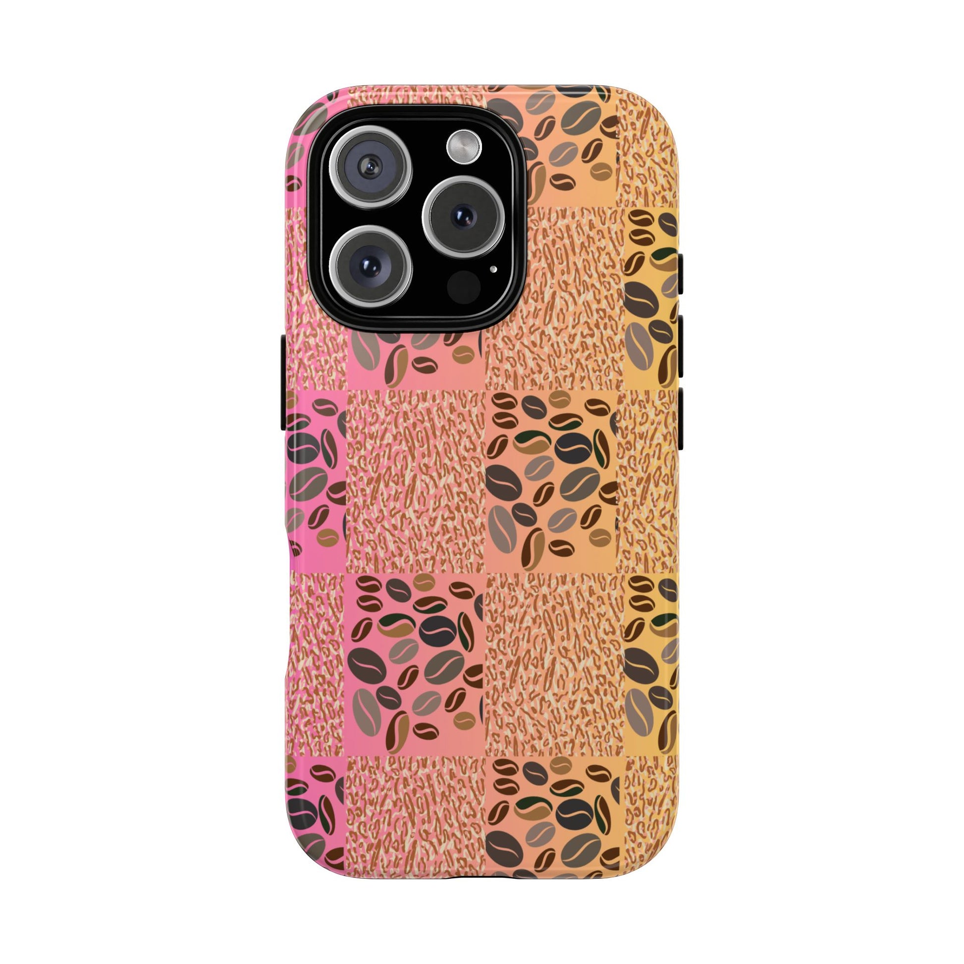 Glossy i phone 15 pro case with coffee beans and tiger print – bold and energizing style