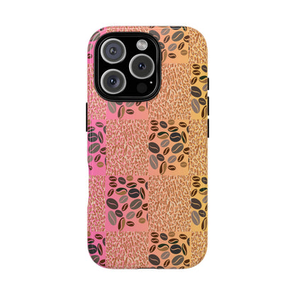 Glossy i phone 15 pro case with coffee beans and tiger print – bold and energizing style