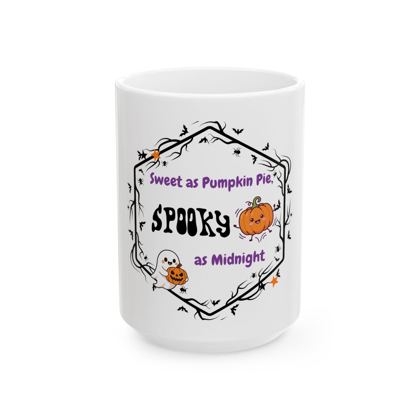 A white ceramic mug with a Halloween-themed graphic that reads 'Sweet as Pumpkin Pie. Spooky as Midnight' in purple and black text, decorated with cartoon pumpkins, a ghost, and bats inside a black vine border.