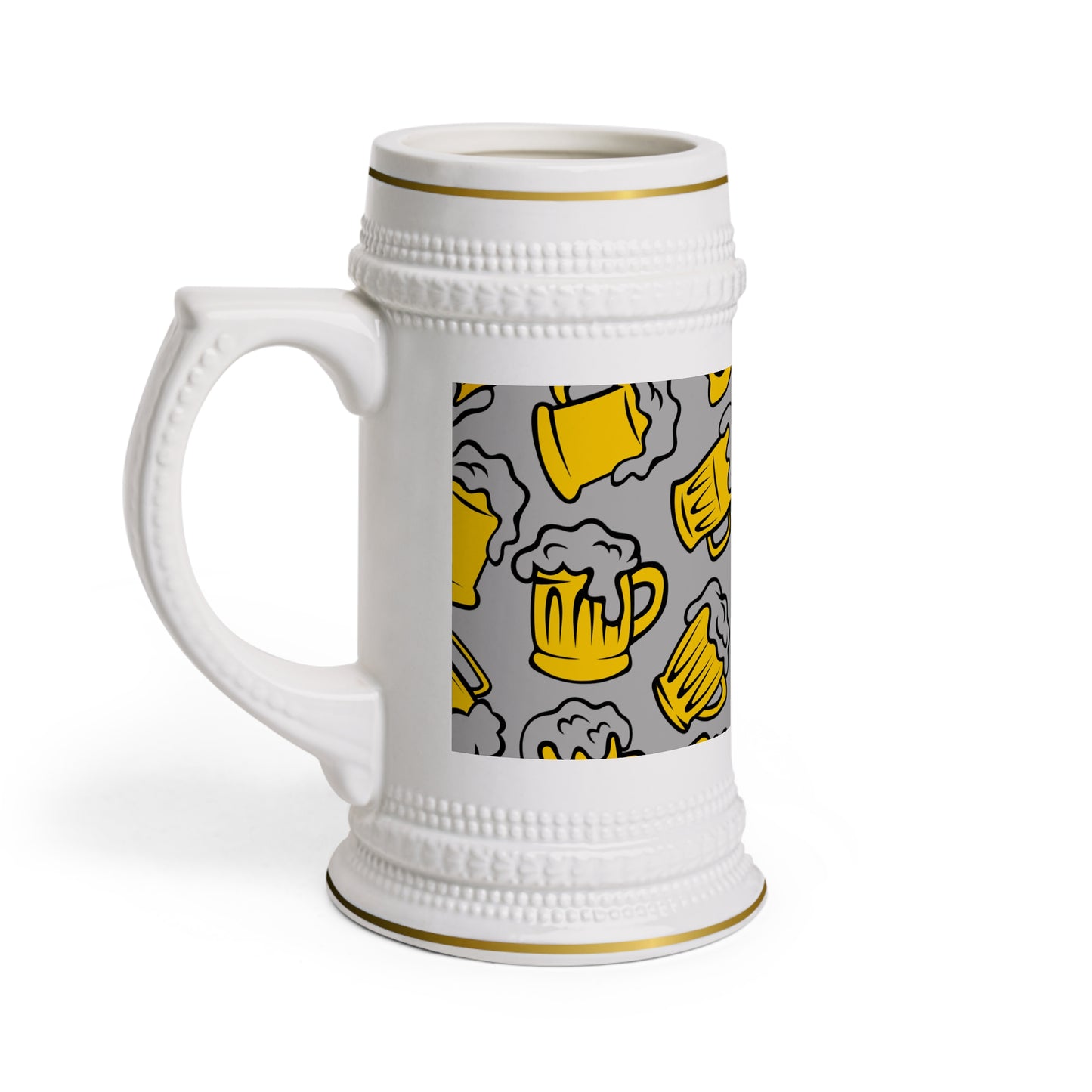 Ceramic beer stein with yellow beer mug illustrations and Cold Beer text in the center

