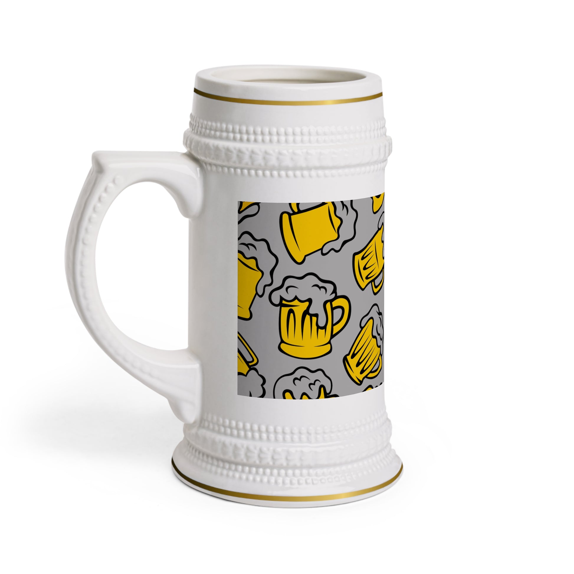 Ceramic beer stein with yellow beer mug illustrations and Cold Beer text in the center

