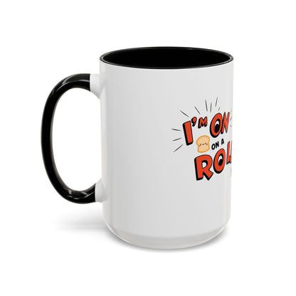 White mug with black handle and 'I'm On A Roll' text design on a white background