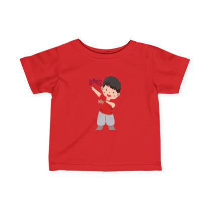 Baby wearing red fine jersey tee with soft cotton fabric

