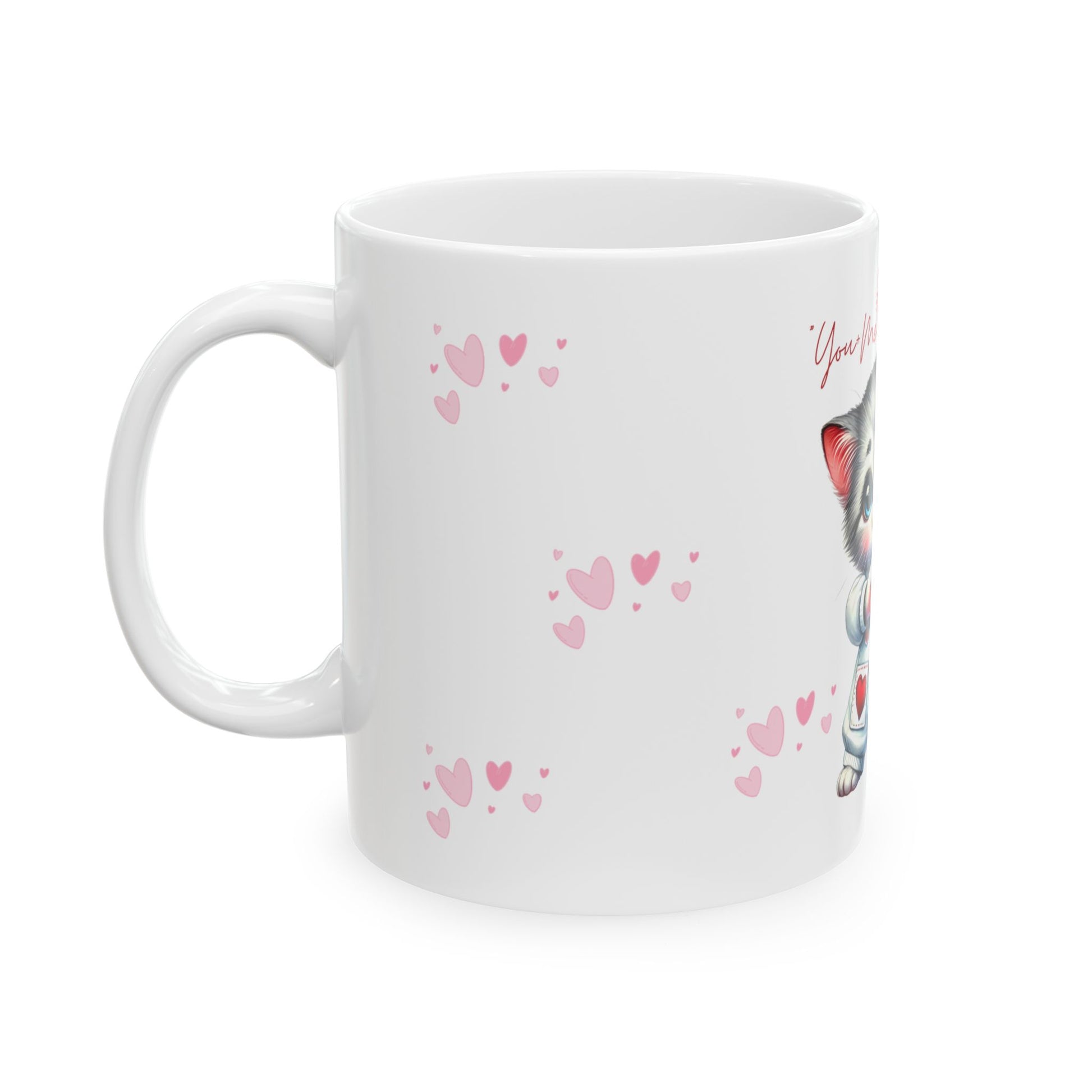 White mug with pink heart patterns on a white background