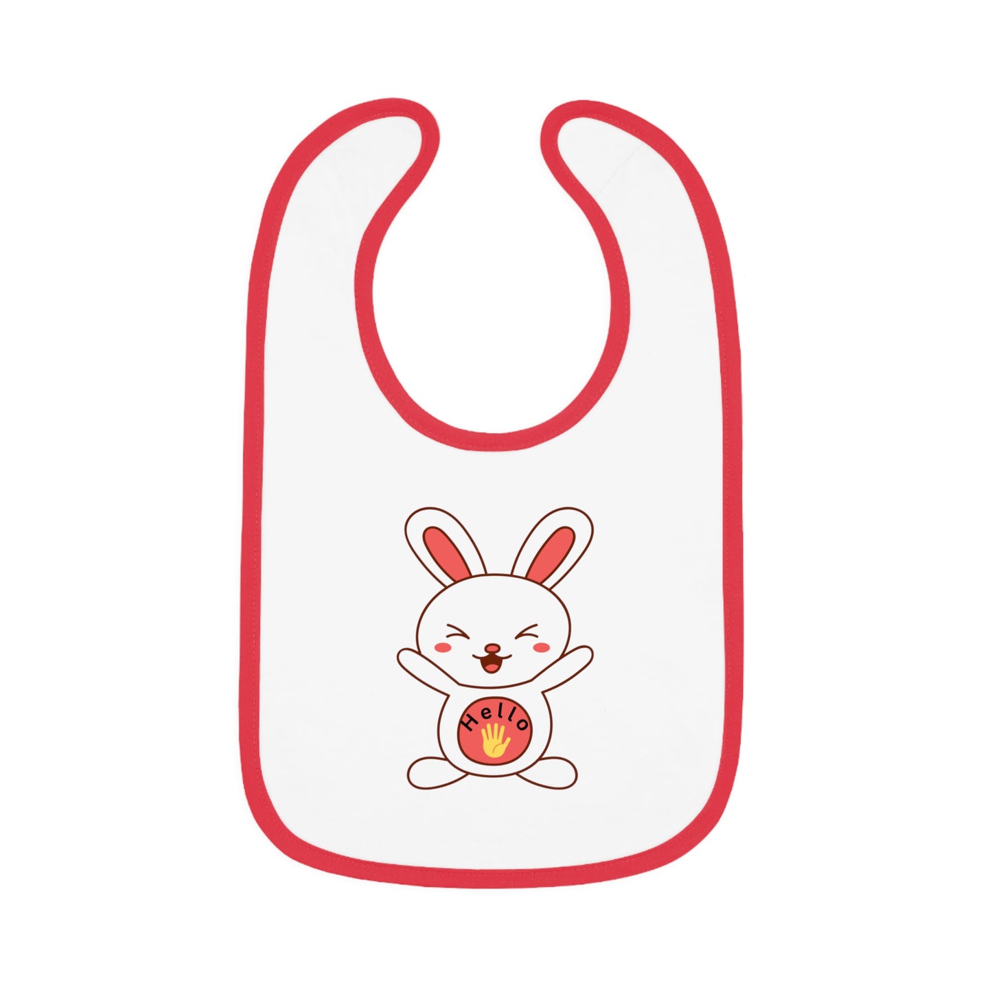 A white baby bib with red contrast trim and a centered graphic of a smiling cartoon rabbit holding a round object.