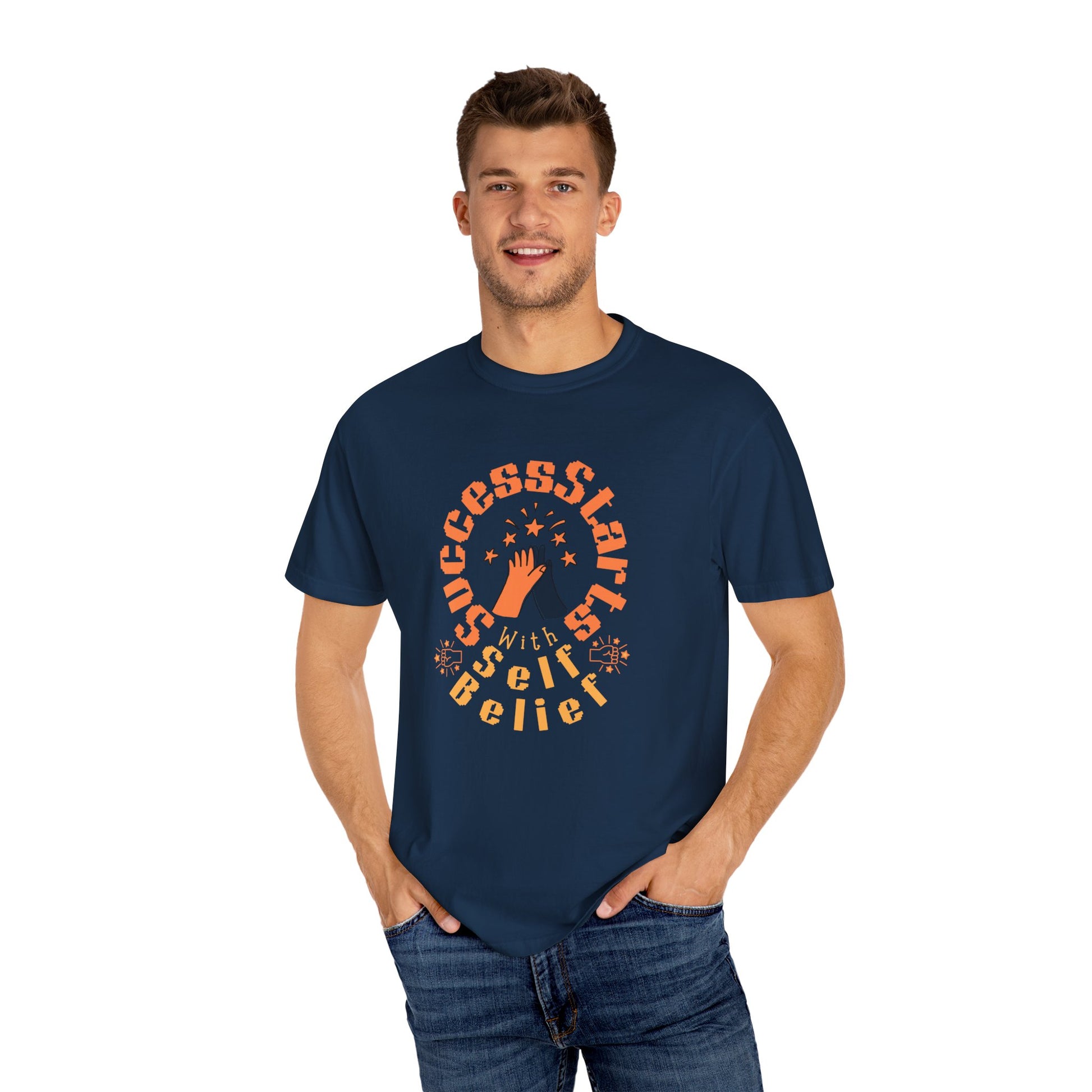 Man wearing a navy blue t-shirt with motivational text design on a white background
