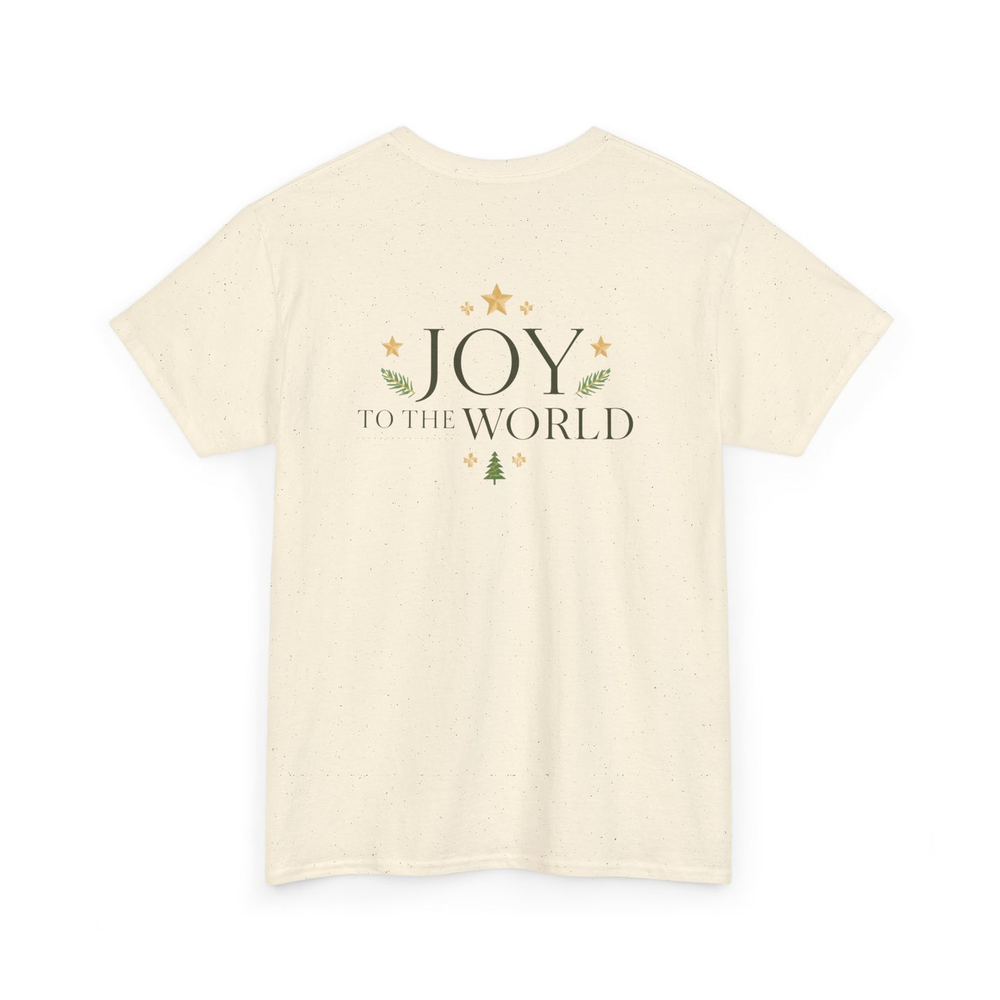 Minimalist Christmas T-shirt with golden stars and Joy to the World typography in elegant festive style