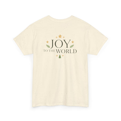 Minimalist Christmas T-shirt with golden stars and Joy to the World typography in elegant festive style