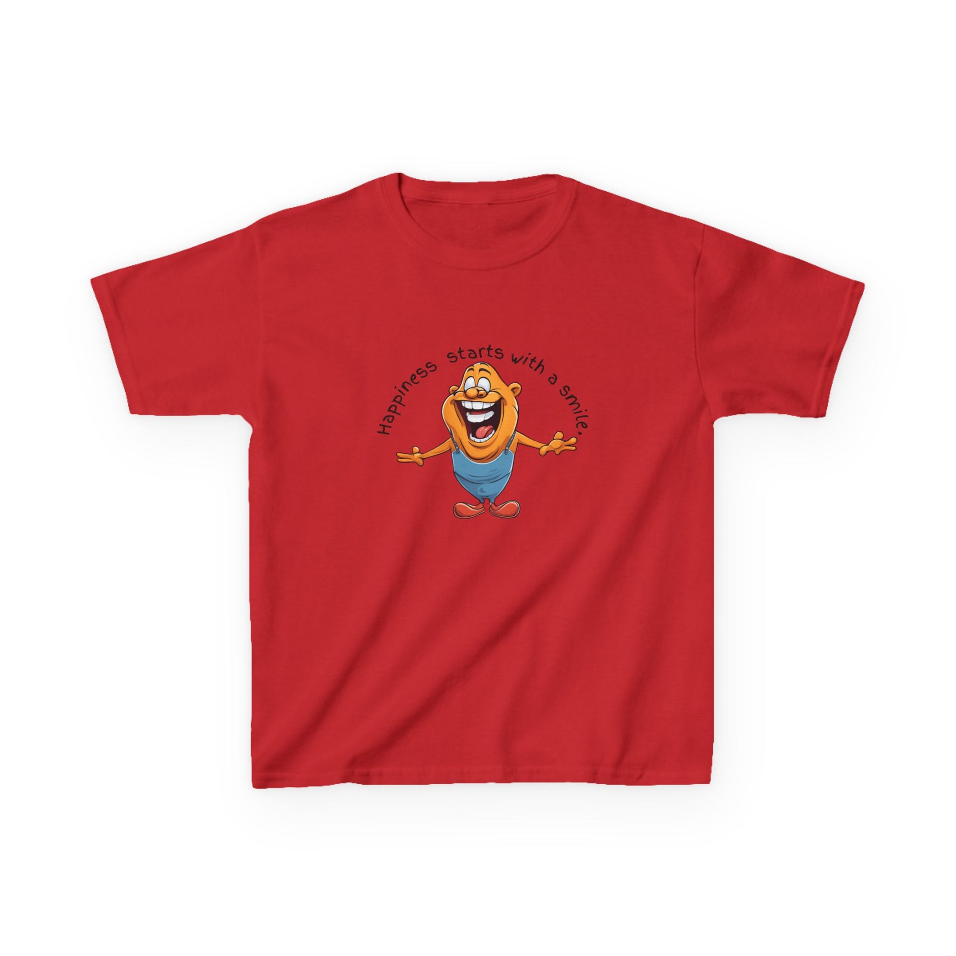Kids cotton t-shirt with cute cartoon character and “Happiness Starts with a Smile” text