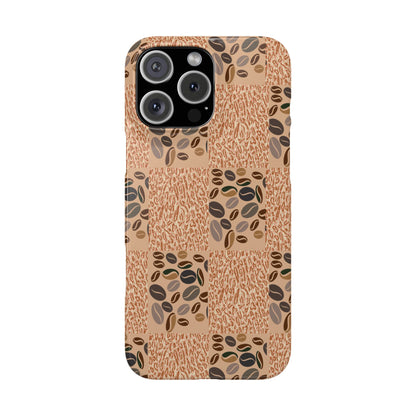 A mobile phone case with a geometric pattern featuring coffee beans on a beige background, designed for iPhone 14 pro max series models.