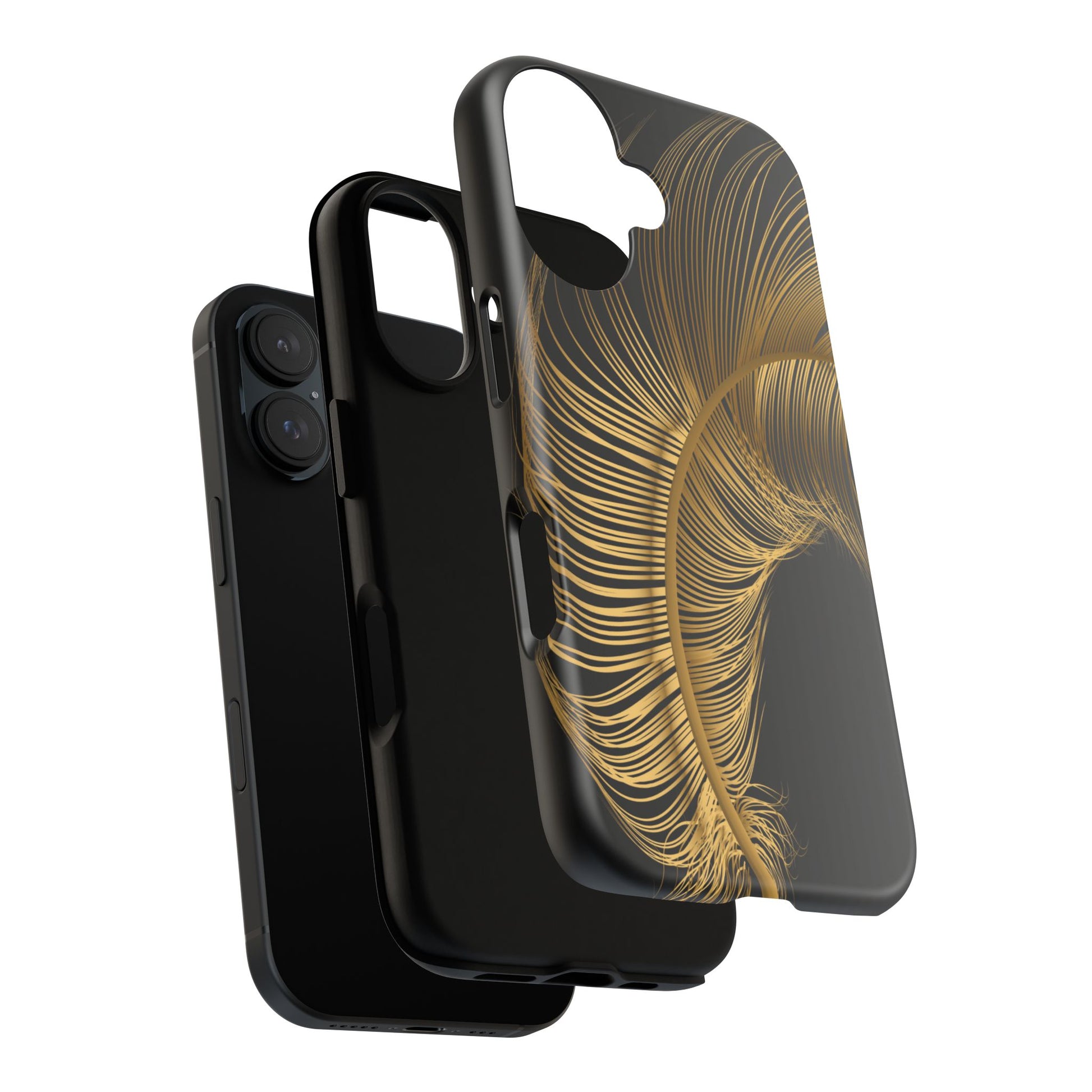 Phone case with gold feather design on black background