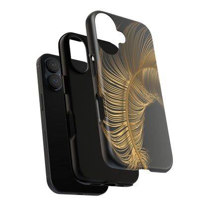 Phone case with gold feather design on black background
