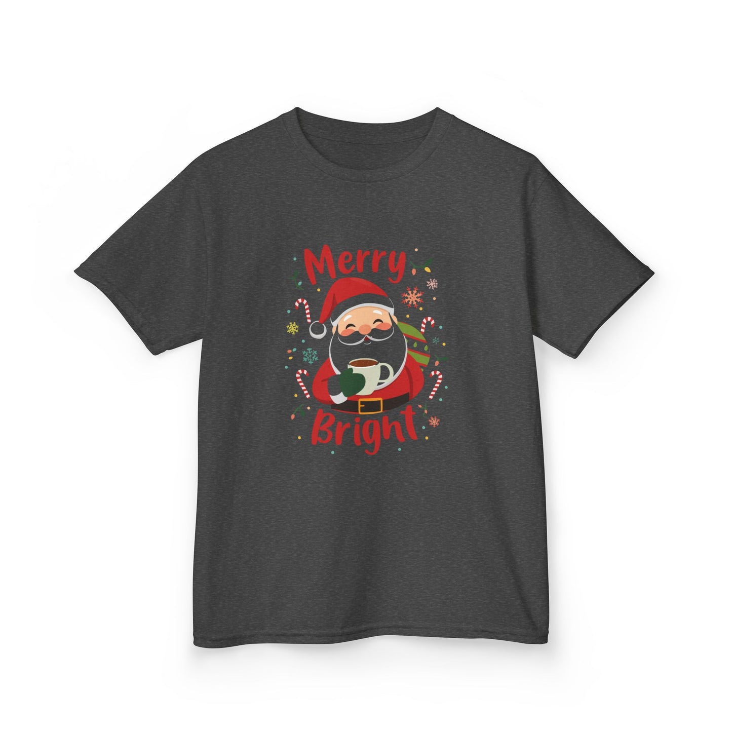 Dark gray t-shirt with a Christmas-themed design featuring Santa Claus on a white background