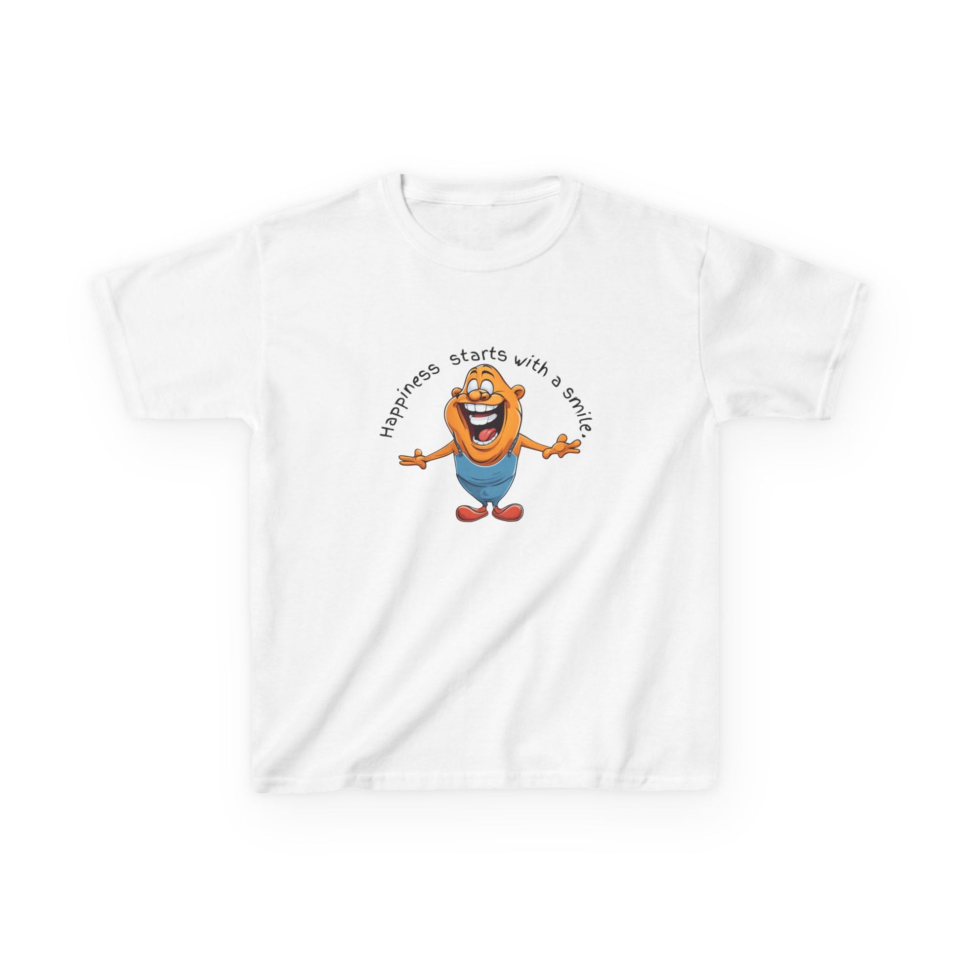 Kids cotton t-shirt with cute cartoon character and “Happiness Starts with a Smile” text