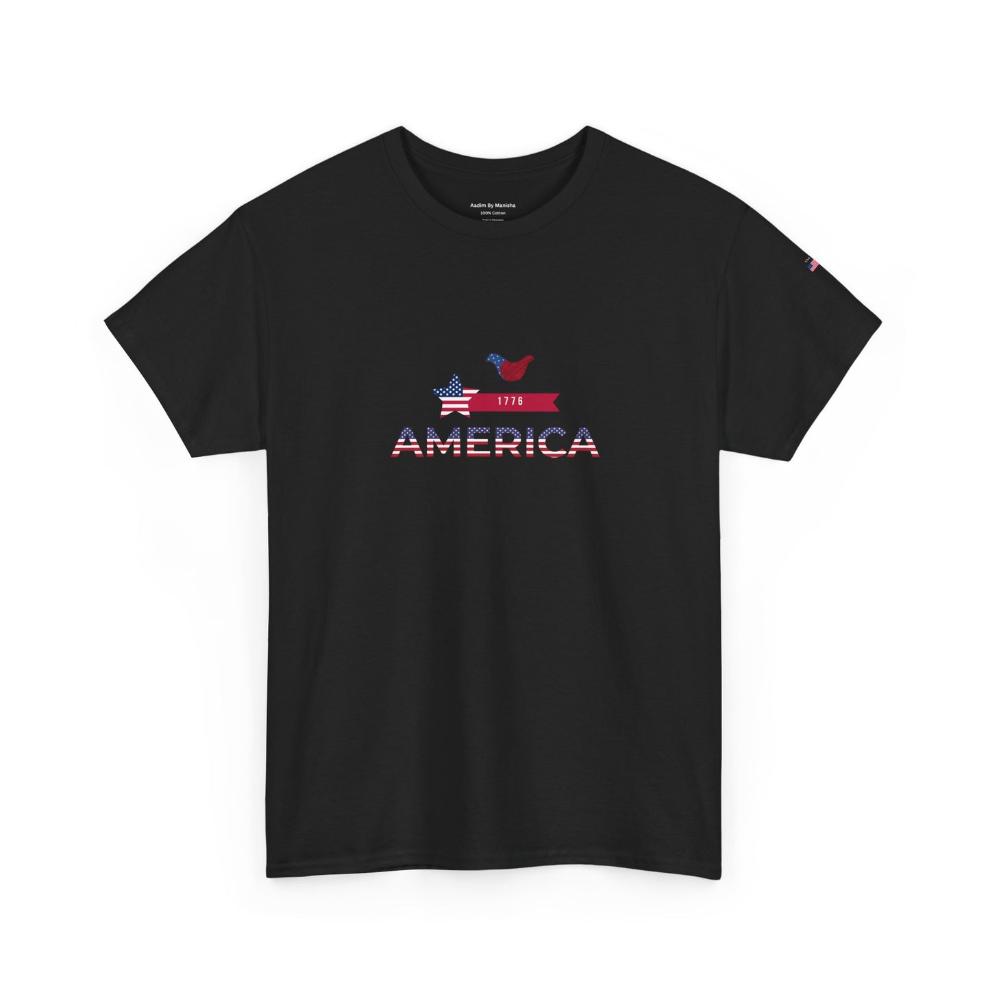 Black t-shirt with 'AMERICA' text and graphic on a white background