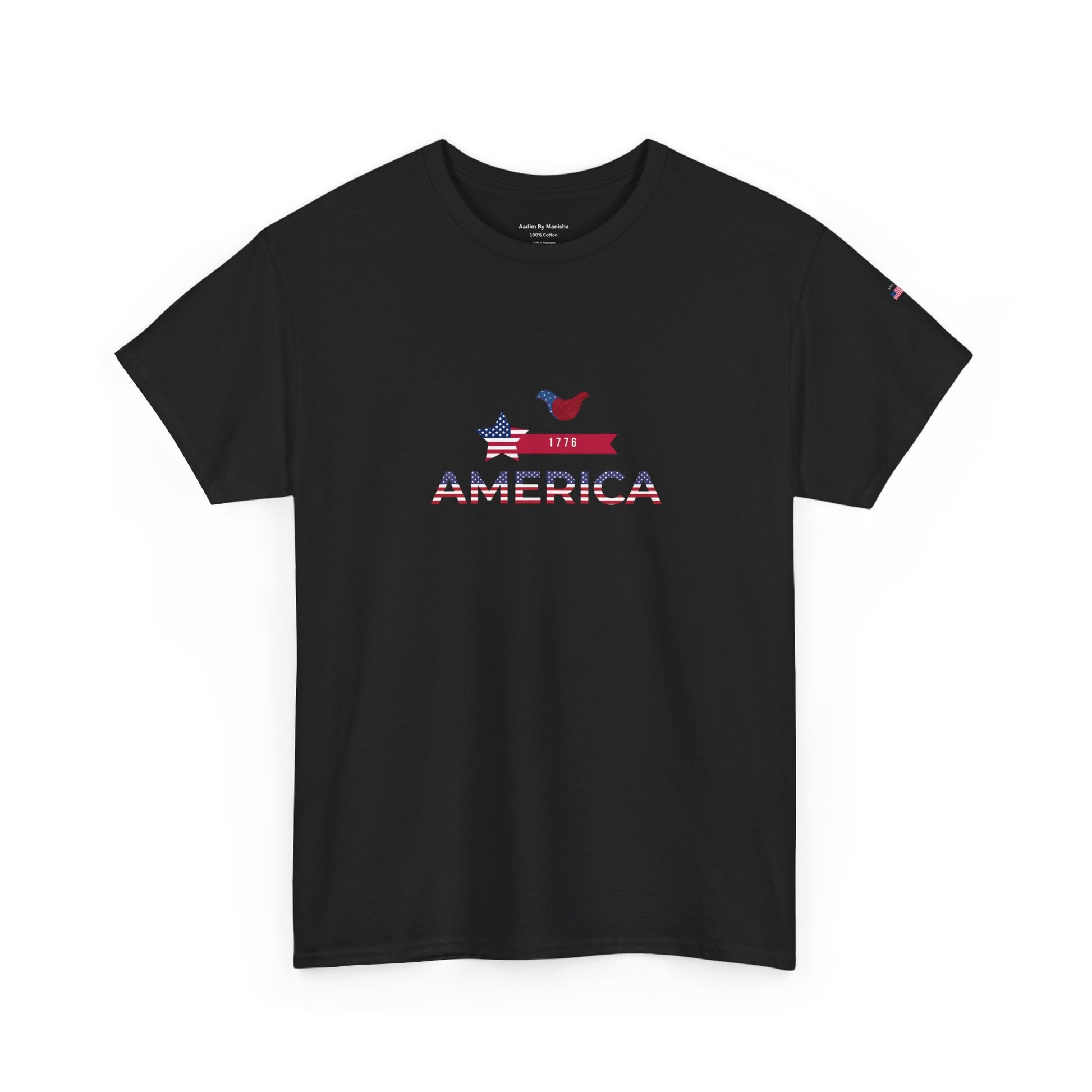 Black t-shirt with 'AMERICA' text and graphic on a white background