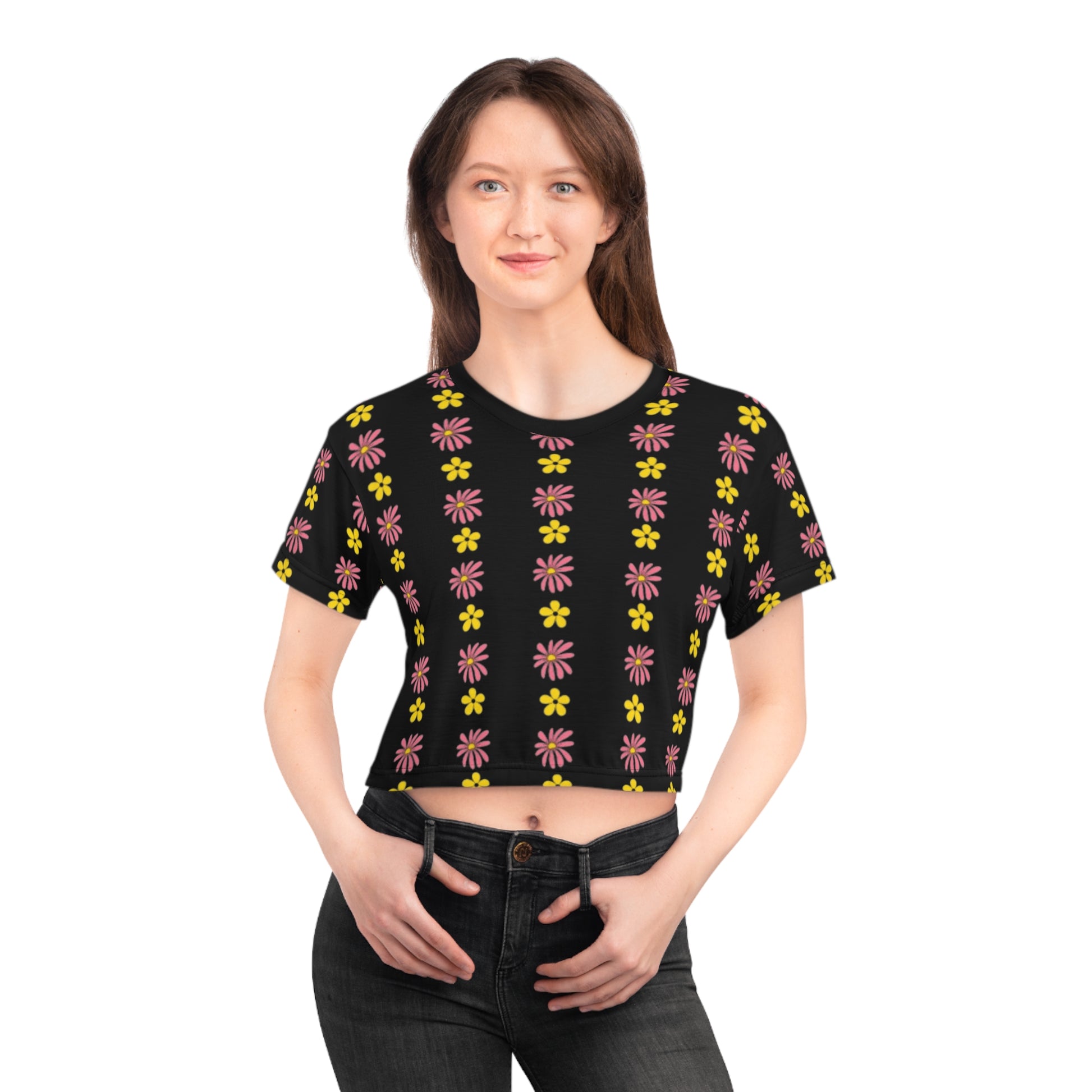 A black crop top with a colorful all-over floral print