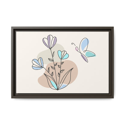 Framed artwork with abstract flowers and a butterfly on a beige background
