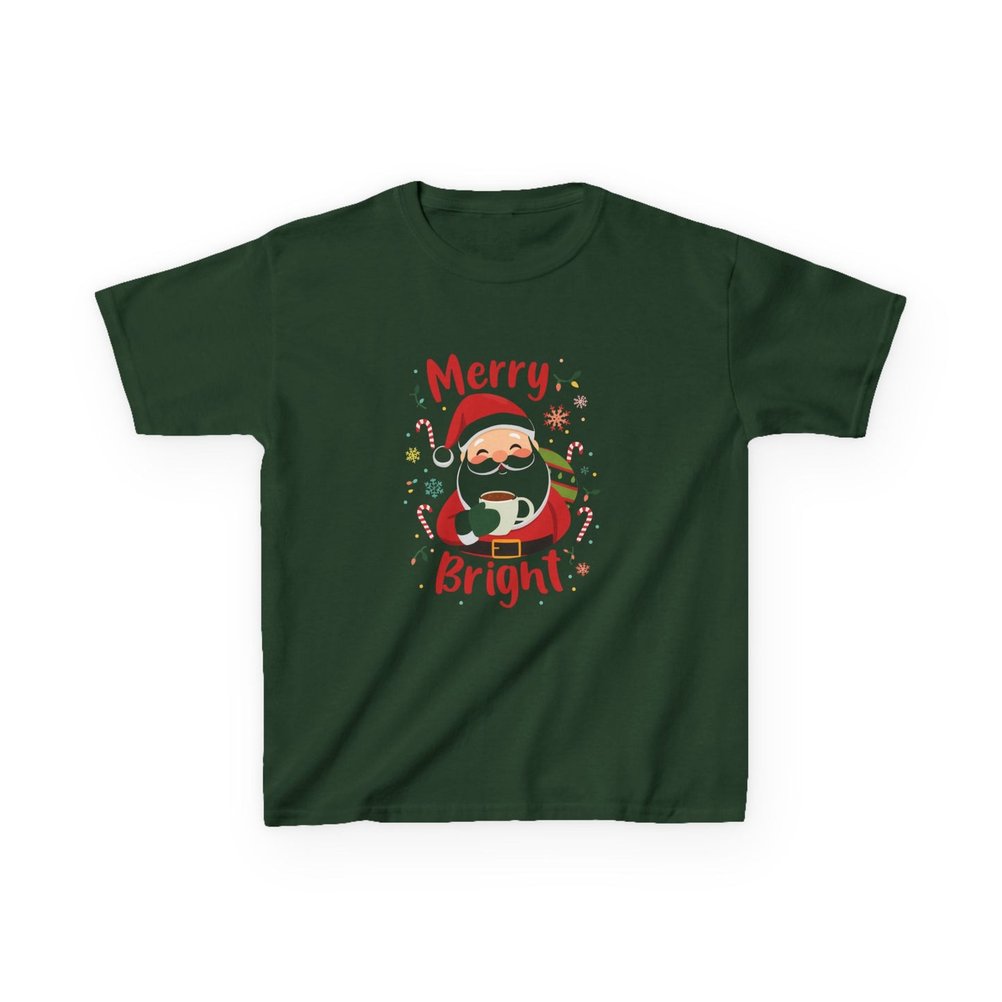 Green t-shirt with Santa Claus graphic and 'Merry Bright' text on a white background