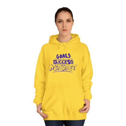 Person wearing a yellow hoodie with text on a white background