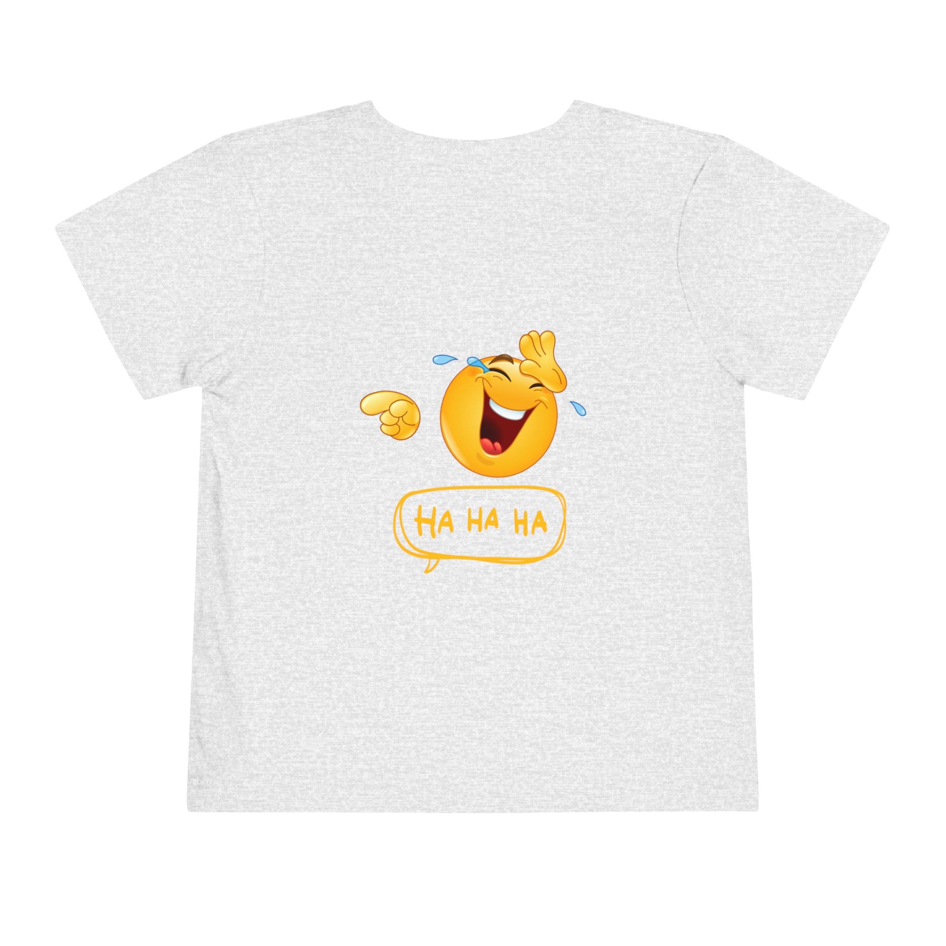 White t-shirt with a laughing emoji graphic on a white background
