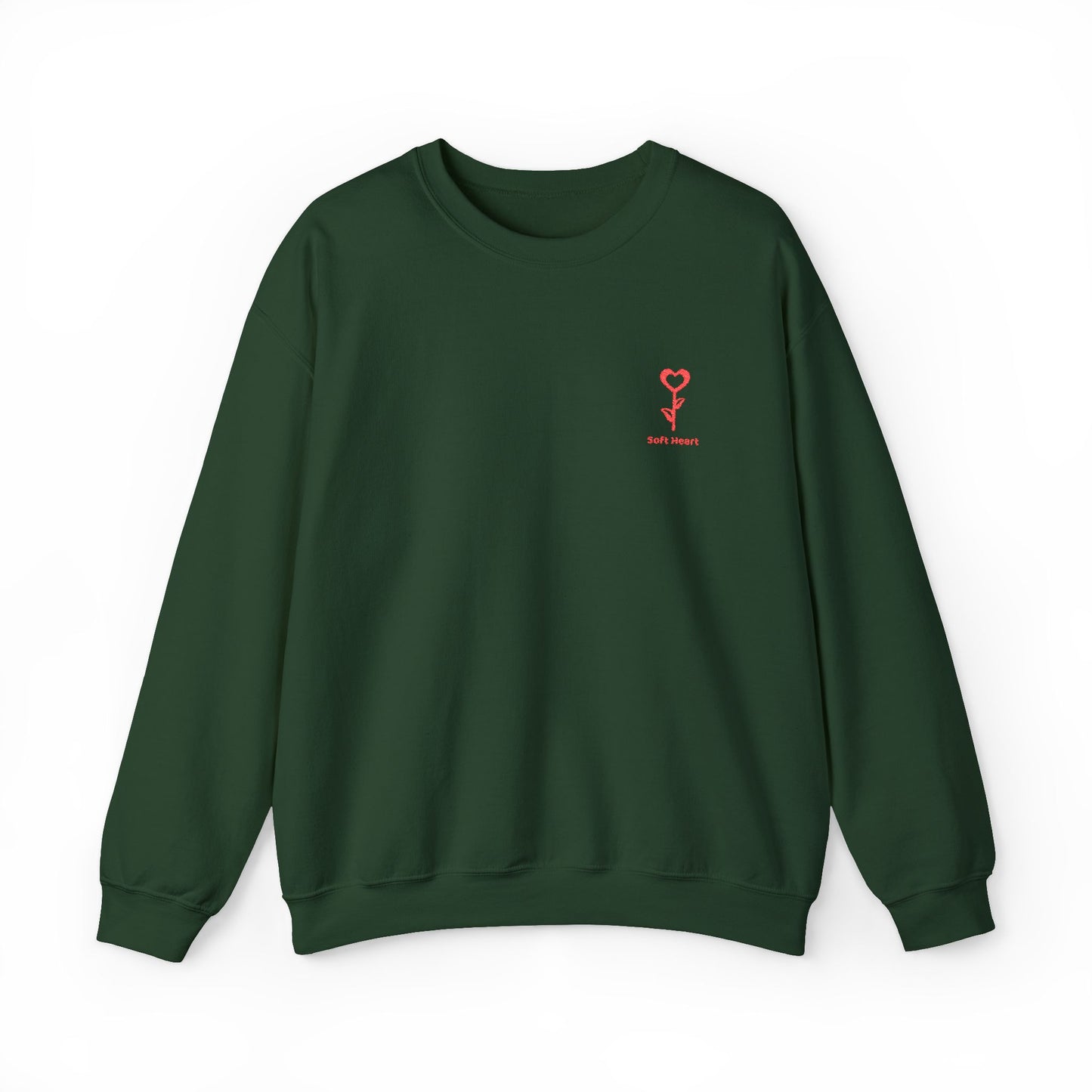 Green sweatshirt with a red logo on a white background