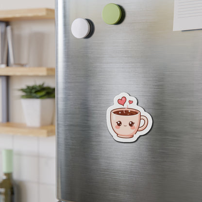 Fridge with a cute coffee cup magnet on a metallic surface
