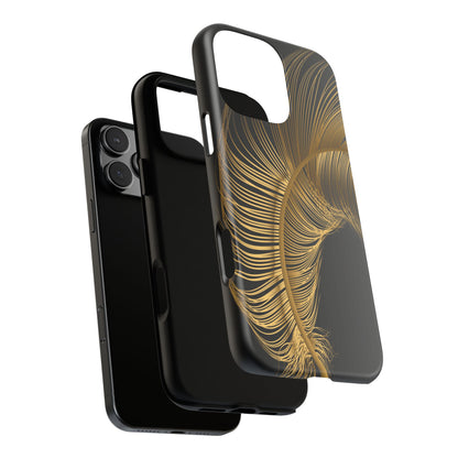 Phone case with gold feather design on black background