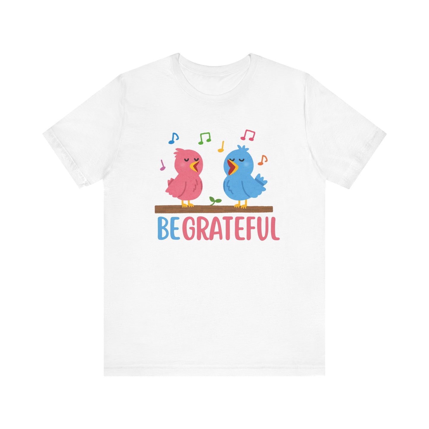 T-shirt with “Be Grateful” text and two bird illustrations – inspirational and nature-themed design for everyday wear.