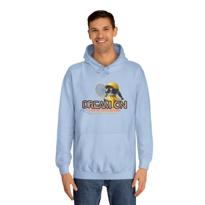 Person wearing a light blue hoodie with a graphic design.