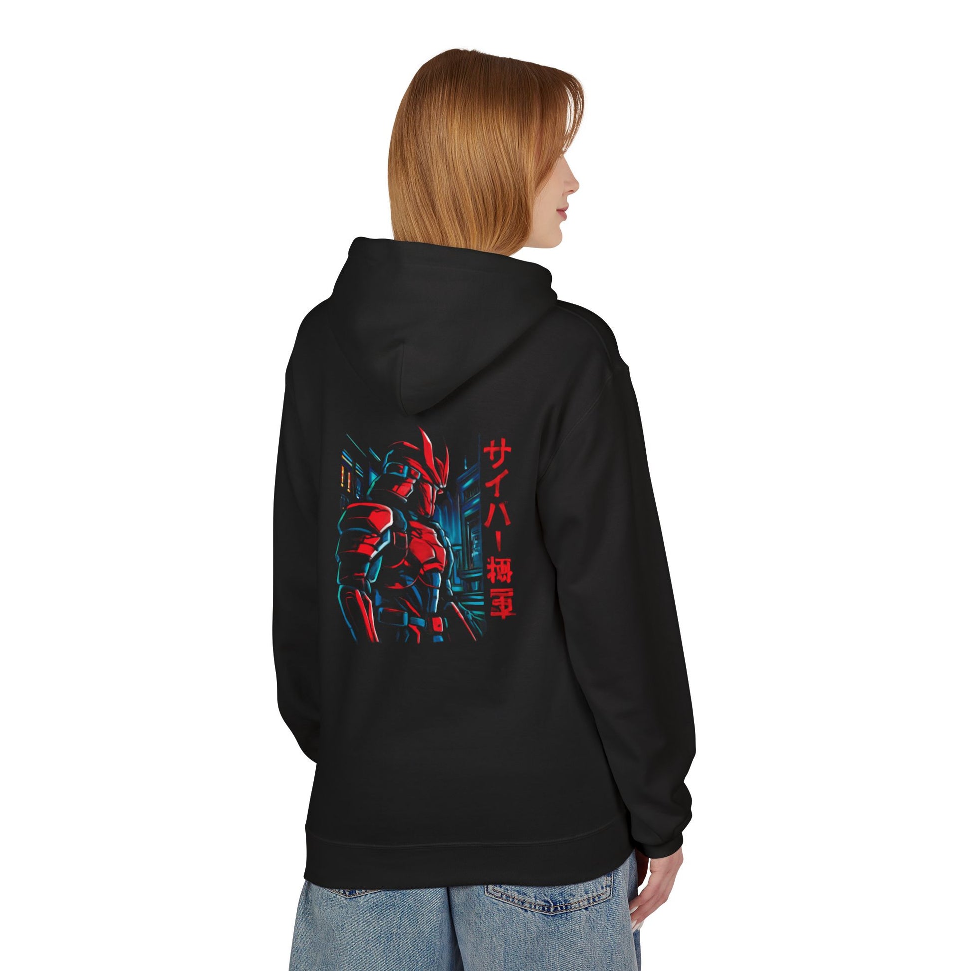 Person wearing a black hoodie with a logo on the back against a white background
