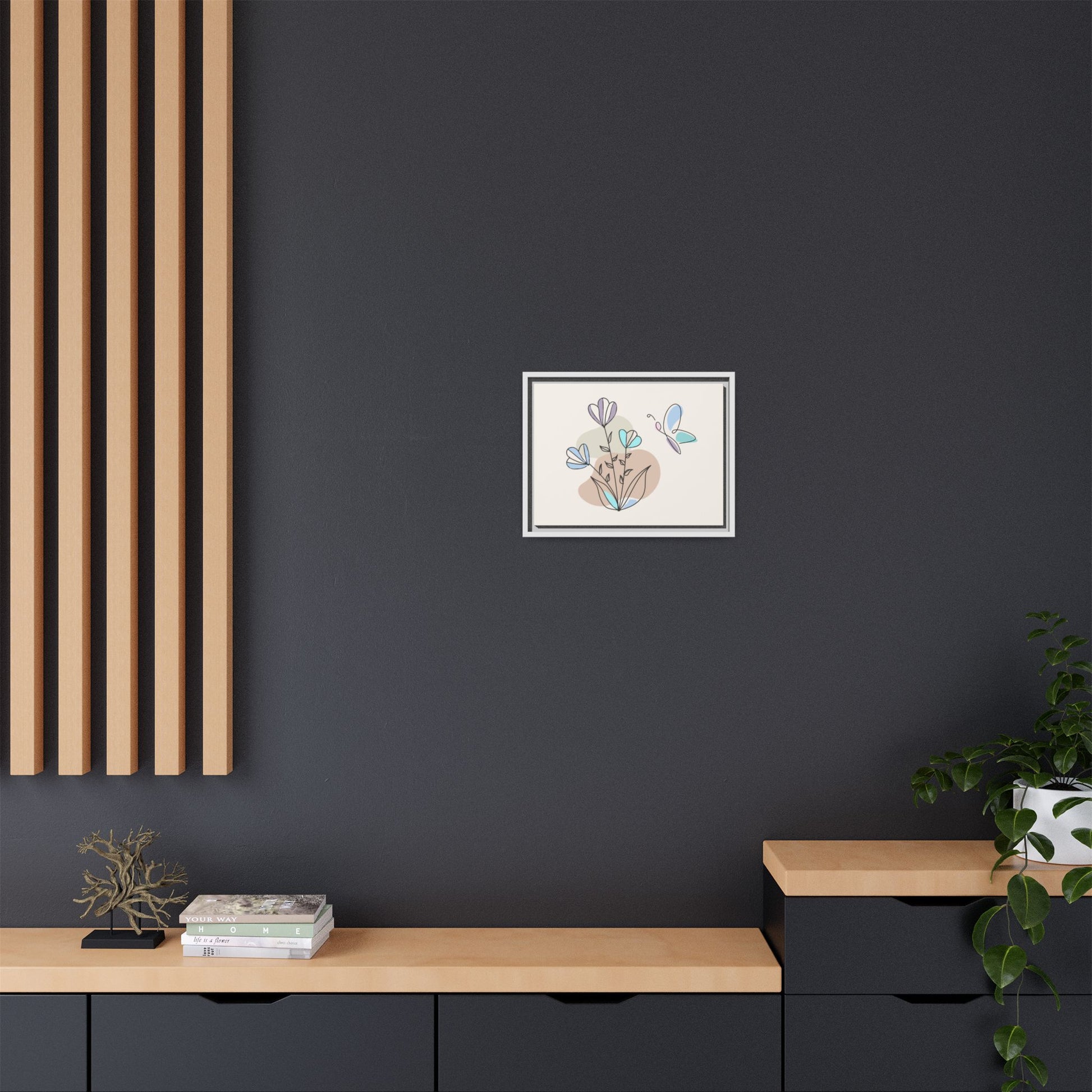 Framed artwork of a dachshund on a dark wall with wooden furniture and decor.