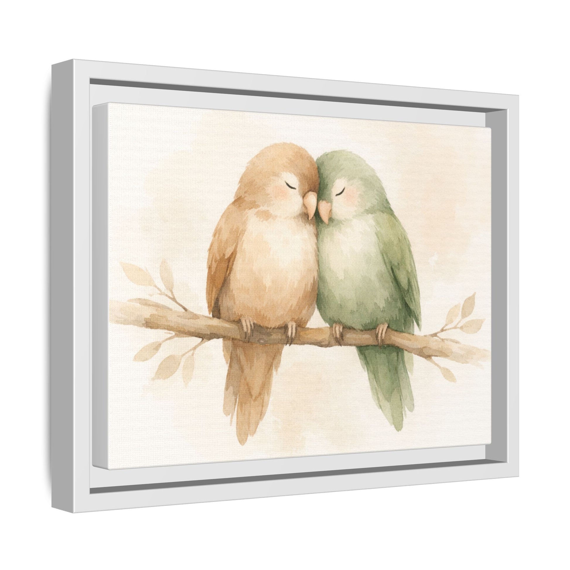 Framed artwork of two birds on a branch with a white background