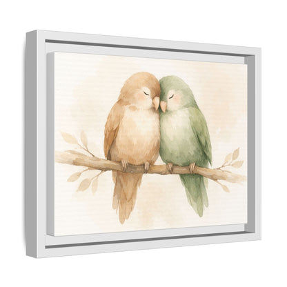 Framed artwork of two birds on a branch with a white background