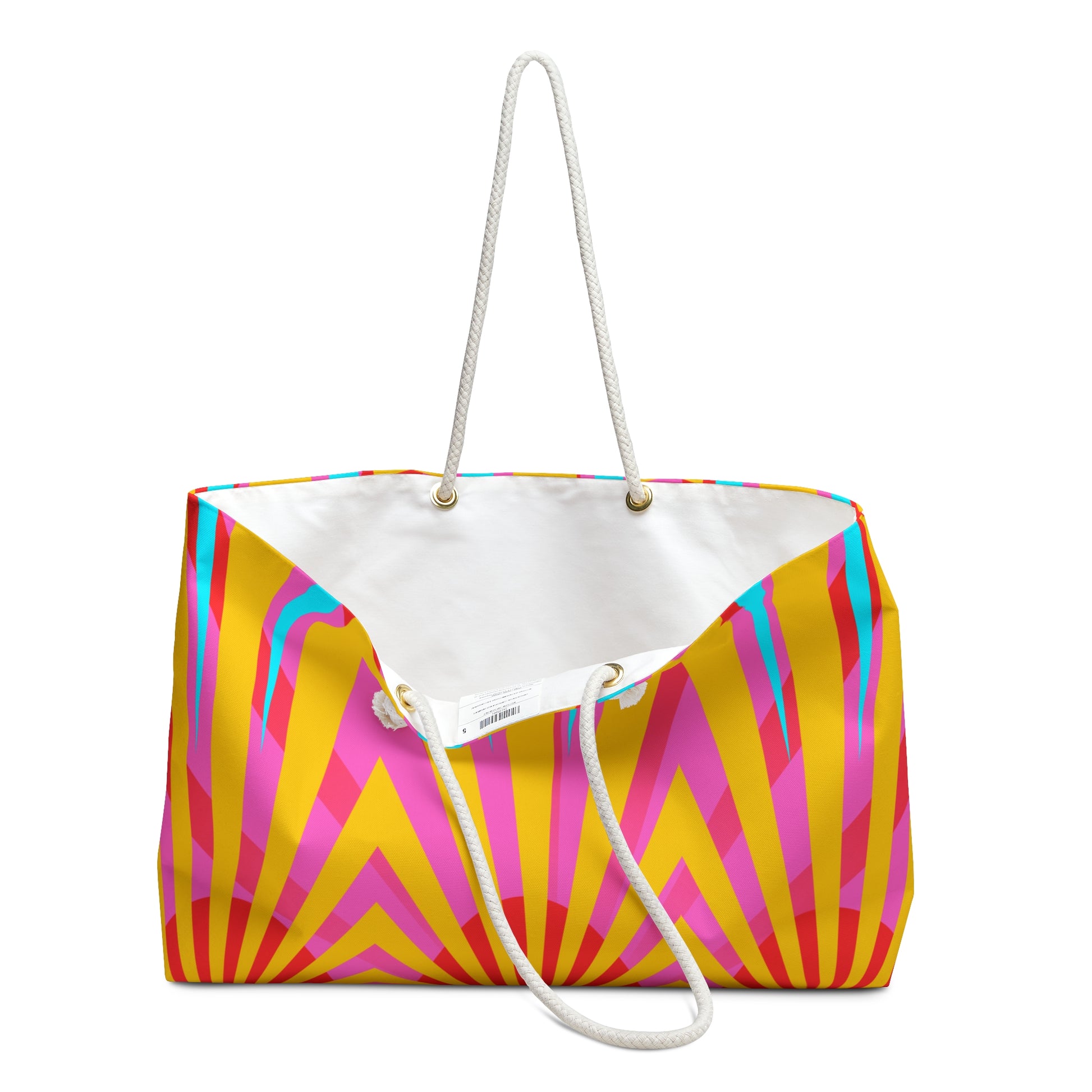 Colorful geometric print weekender bag – stylish and spacious travel accessory.