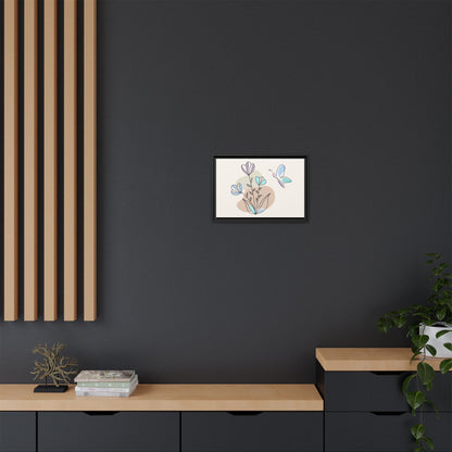 Framed artwork on a dark wall with wooden shelves below